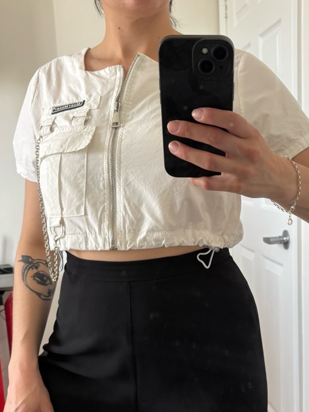Macy Mccoy White Zip-Front Cropped Top with Silver Hardware